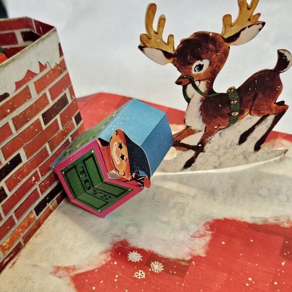 Vintage Hallmark Pop Up Christmas Card Santa Claus, Sleigh Chimney & Reindeer - Picture 4 of 16